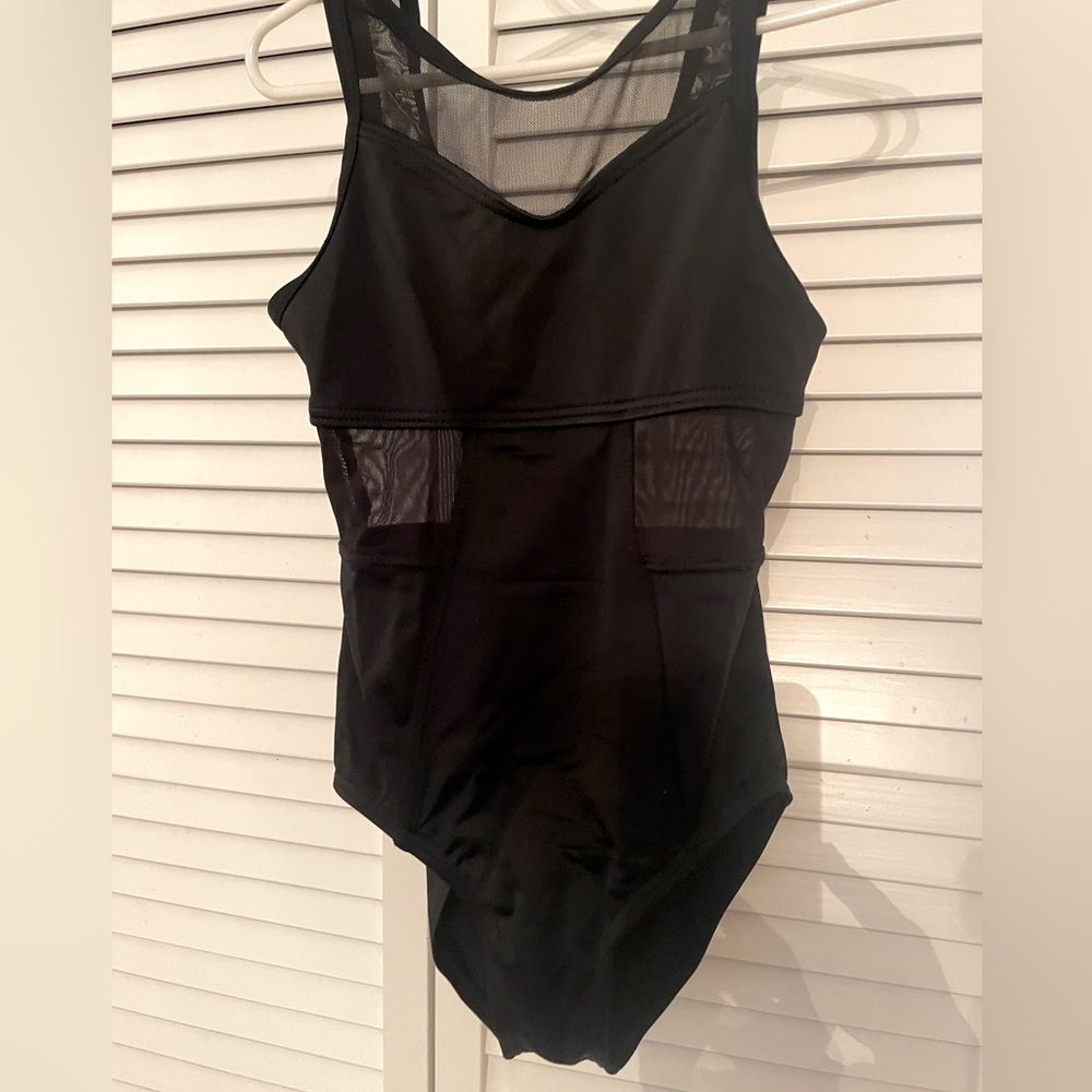 Balera Girls black dance leotard with mesh panel insets